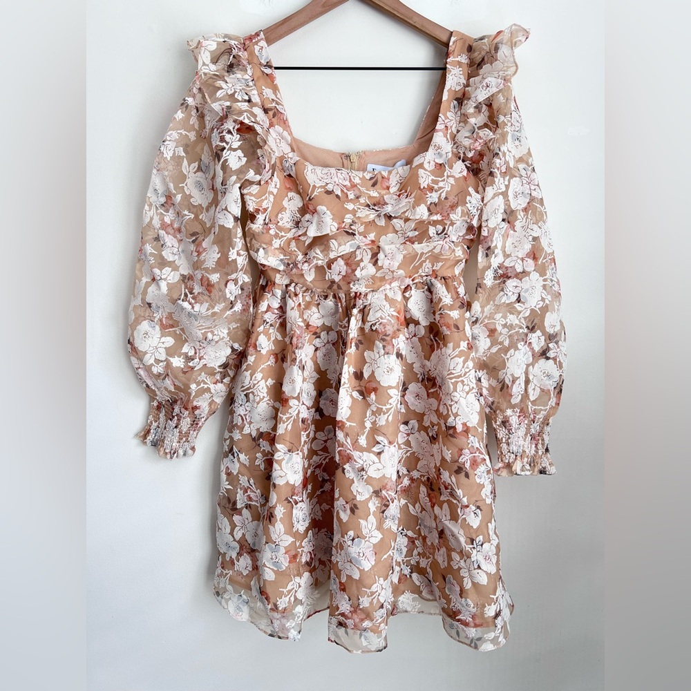 En Saison Chrishell floral organza mini dress Long Sleeve Square Neck babydoll - Picture 1 of 7